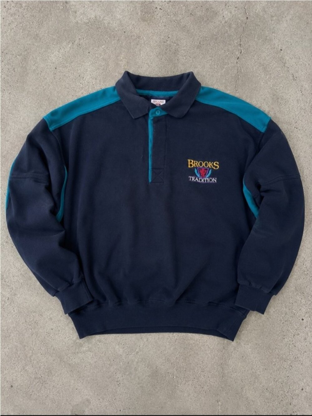 Vintage Brooks Tradition Rugby Sweatshirt Pullover Mens Medium Navy Teal Bloke